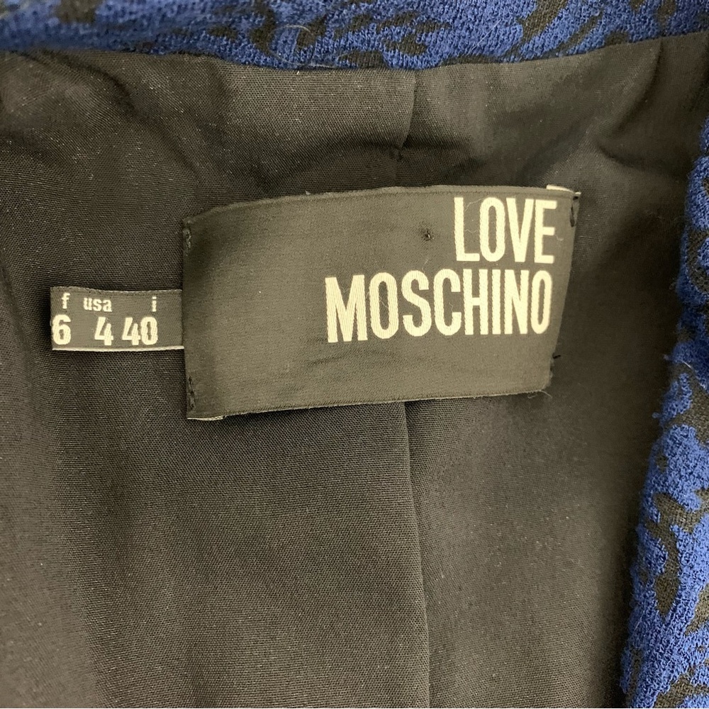 Love Moschino Jacket Blue Black Textured Sz 4 Belt Italy Quiet Luxury Elegant - Picture 9 of 14